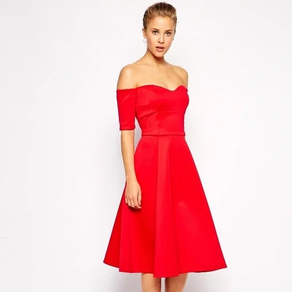 💃 Asos Off The Shoulder Sweetheart Bardot Red Prom A-line Full Skirt Dress - Picture 1 of 11